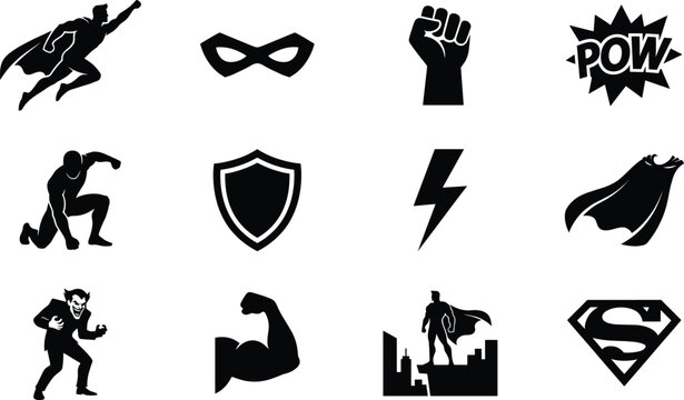 Superhero Comics Silhouette Vector Icon Set, hero emblem, mask, fist, cape and city action design