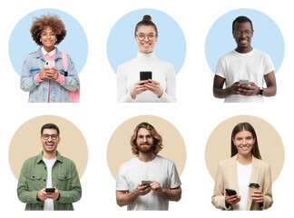 Grid collage of six diverse people using smartphones smiling on blue and beige circular backgrounds