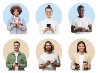 Grid collage of six diverse people using smartphones smiling on blue and beige circular backgrounds