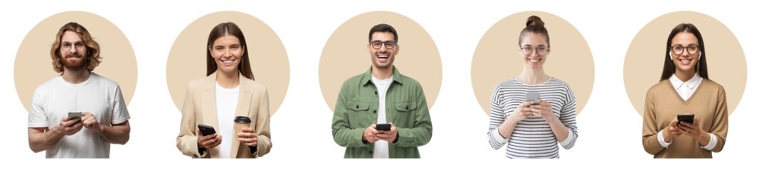 Group of smiling diverse people holding phones and looking at camera