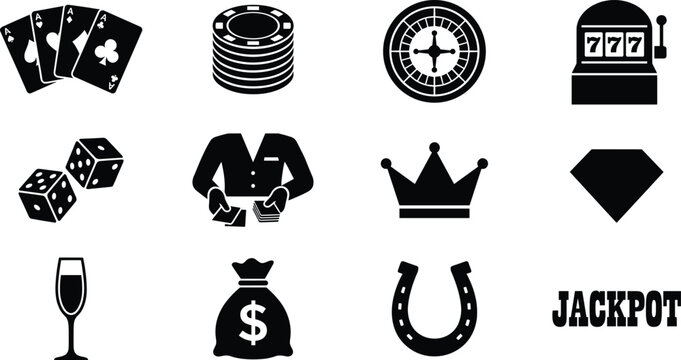 Casino Gambling Silhouette Vector Icon Set, poker cards, roulette, chips, slot machine and jackpot symbols