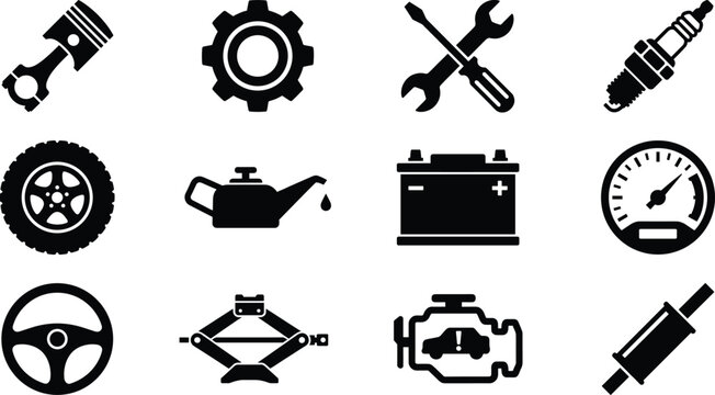 Car Service and Auto Repair Silhouette Vector Icon Set, mechanic tools, engine, tire, oil and battery icons