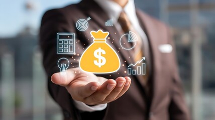 Financial Success Strategy &ndash; Business Professional with Glowing Money Bag Icon and Digital Economic Growth Symbols