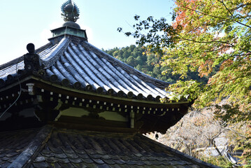 初秋の善峯寺　色づき始めたモミジと経堂(京都市西京区)