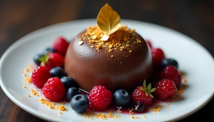 Gourmet Chocolate Dessert &ndash; Glossy Mousse Cake with Fresh Berries, Gold Garnish, and Mint Leaf Elegance