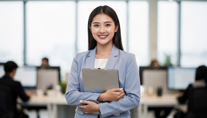Smiling young Asian businesswoman holding a clipboard in a modern office environment