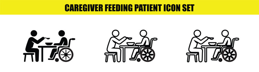 Collection of black and white pictogram icons depicting a caregiver assisting an immobile patient with eating using a spoon