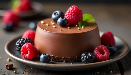 Gourmet Chocolate Dessert &ndash; Glossy Mousse Cake with Fresh Berries, Gold Garnish, and Mint Leaf Elegance