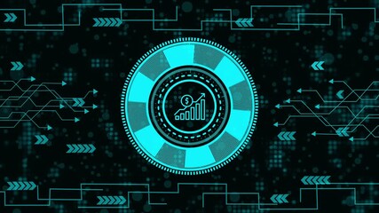 Futuristic Financial Growth HUD Interface with Digital Bar Chart and Data Analytics on High-Tech Blue Background. - Powered by Adobe