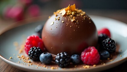 Gourmet Chocolate Dessert &ndash; Glossy Mousse Cake with Fresh Berries, Gold Garnish, and Mint Leaf Elegance