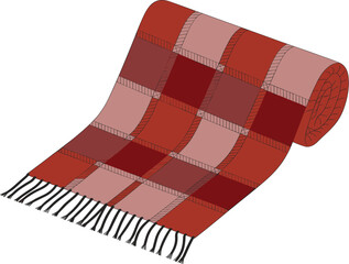 Rolled warm plaid throw blanket in shades of red and pink illustration for comfortable home decor cozy living room interior design stylish textile accessory warm winter vibes fashion concept graphic r