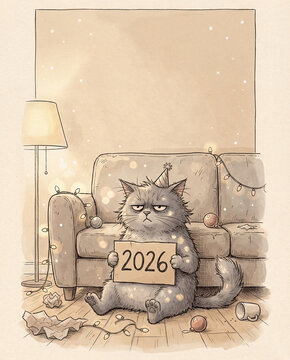 Grumpy Cat Holding 2026 Sign After New Year Party in Cozy Living Room, Hand Drawn Watercolor Illustration with Copy Space
