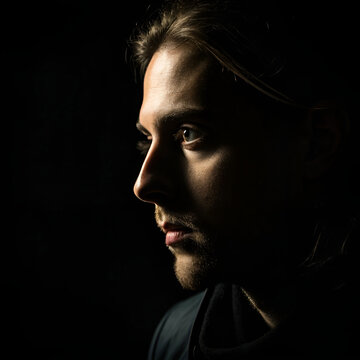 Dramatic low light portrait showing only half the face, evoking mystery, introspection, emotion, shadows, identity, intensity, depth, and cinematic storytelling.
