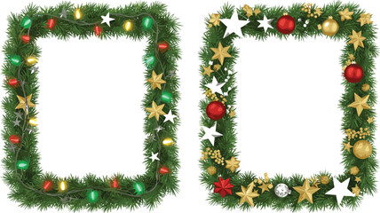 Christmas tree branch frames with lights and ornaments border