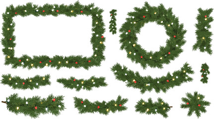 Christmas tree garland with lights and ornaments in various shapes and sizes