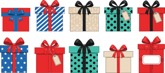 Colorful gift boxes with ribbons bows and tags presents