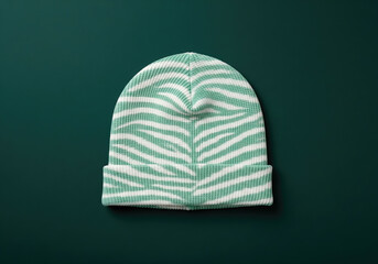 A knit beanie with a white and mint green zebra pattern on a dark green background. Product photography for a winter fashion accessory.