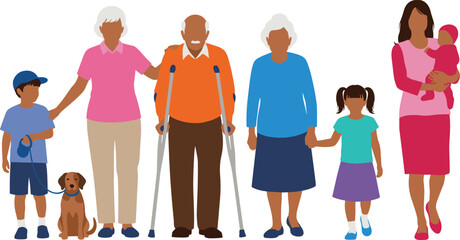 Diverse family members of different ages with dog people children adults senior