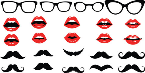 Glasses mustaches and red lips facial hair accessories