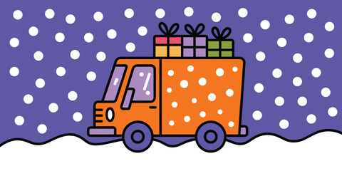 Festive orange delivery van carrying colorful christmas presents through snowy landscape holiday season transportation service for online shopping gifts and seasonal promotional advertising cheerful c
