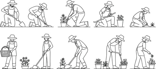 Line of people gardening with various tools and plants potted plants gardeners