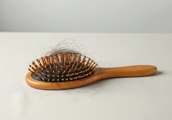 Wooden hairbrush with fallen hair strands on light surface symbolizing hair loss, shedding, alopecia, stress, and hair care problems with grooming and hygiene issues