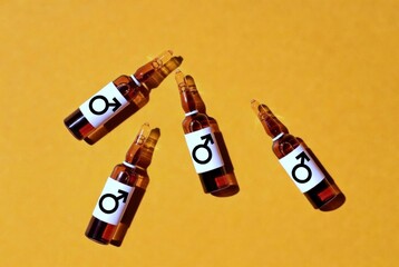 Medical ampoules with male gender symbol on labels against yellow background, representing testosterone therapy, hormone treatment, men&rsquo;s health, and endocrinology