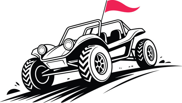 Detailed vector illustration of a dune buggy off road vehicle with red flag racing across a desert landscape extreme sports adventure travel concept for adventure tourism websites and extreme sports m
