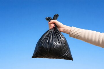 Female hand holding black trash bag against clear blue sky, symbolizing waste management, environmental cleanup, recycling, and personal responsibility for pollution control