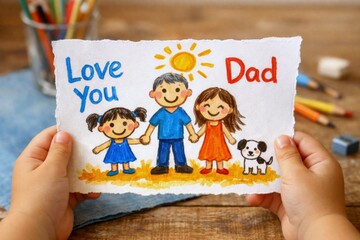 Child&rsquo;s hands holding handmade Father&rsquo;s Day card with drawing of dad, daughter, mom, and dog under sun, saying &ldquo;Love You Dad&rdquo; for family, love, and celebration