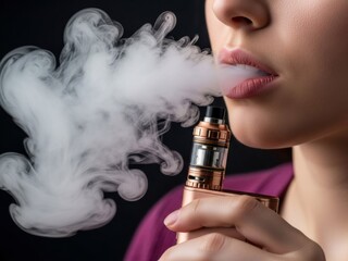 Female adult using electronic cigarette, exhaling vapor cloud, showcasing vaping device, nicotine, addiction, lifestyle, and health risks against dark background