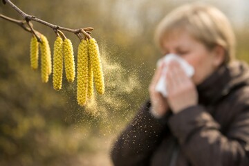 Woman sneezing with tree branch releasing pollen in foreground, illustrating allergy, hay fever, seasonal symptoms, and springtime discomfort