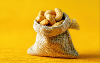 Close-up of ripe organic cashew in sac on yellow background