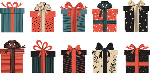Gift boxes with various patterns ribbons and bows presents wrapping