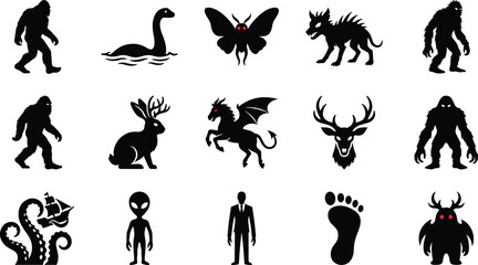 Cryptid and Mythical Creatures Silhouette Vector Icon Set, Bigfoot, Loch Ness monster, alien, kraken and paranormal horror design © ArtMint