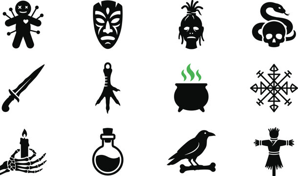 Voodoo Magic and Witchcraft Symbols Silhouette Vector Icon Set, occult ritual, curses, talismans and Halloween design