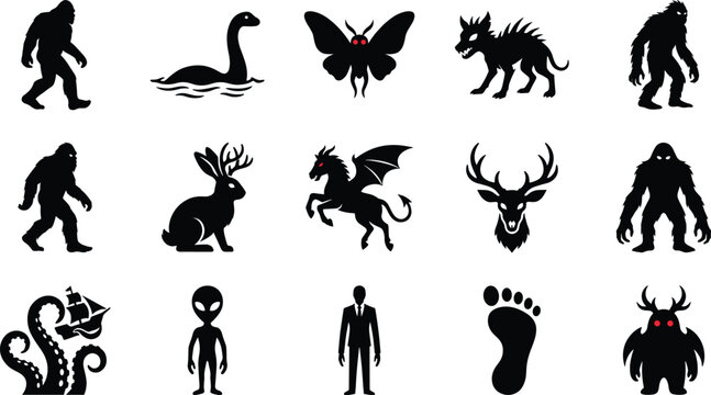 Cryptid and Mythical Creatures Silhouette Vector Icon Set, Bigfoot, Loch Ness monster, alien, kraken and paranormal horror design