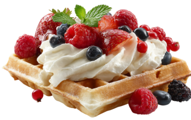 Homestyle Belgian waffles featuring golden texture with creamy whipped topping and berries isolated on transparent background PNG
