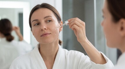 Woman applying facial serum in front of mirror at home