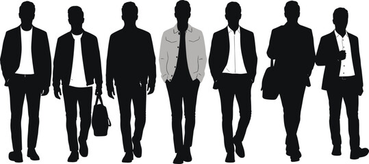 Seven men in business casual clothing silhouettes black and white standing