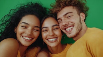 Friends sharing a joyful moment their heads close together with green behind them.