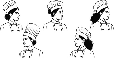 Line art diverse female chefs in uniform and toque looking forward culinary arts vector illustration for restaurant industry cooking school materials gastronomy education branding design food service