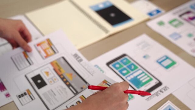 Excellent startup company employee presenting user interface prototype for mobile application to smart manager in office workspace. UX UI designer explain function of icon design on paper. Synergic