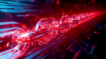 Glowing red blue energy chain with crystal spheres traveling through dark tunnel at high speed
