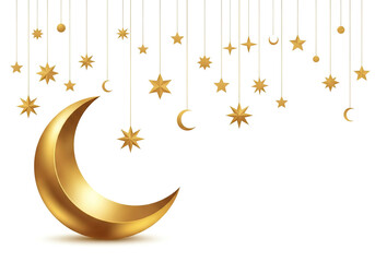 An elegant Islamic greeting card design featuring gold-colored stars and a crescent moon suspended on a white background. A sophisticated backdrop for Ramadan and holiday celebrations.