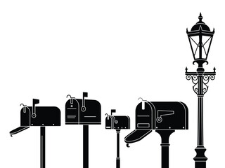 Black and White Silhouette of Mailboxes and Streetlight Illustration in a Row Vector Graphic for Communication Delivery Postal Service Decorative Element City Street Design Neighborhood Community Artw