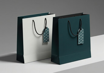 Luxury shopping bags in dark green and white paper. Stylish brand and corporate identity presentation with geometric patterned labels.