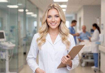 Eine junge &Auml;rztin mit einer Patientenakte l&auml;chelt in der Praxis in die Kamera.