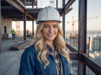 Junge Arbeiterin l&auml;chelt auf der Baustelle in die Kamera.