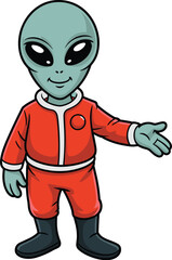 Friendly cartoon alien character offering hand wearing red spacesuit cute extraterrestrial creature for kids educational content science fiction illustration cosmic visitor from outer space on white b